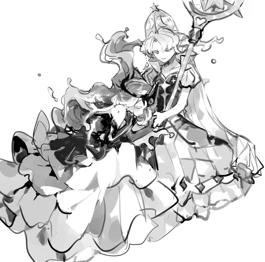 2girls, bad_id, bad_twitter_id, cape, closed_eyes, commentary, cookie_run, cookie_run:_ovenbreak, couple, crown, crying, dress, greyscale, hat, holding, holding_staff, humanization, inactive_account, k3vccitq, long_hair, monochrome, moonlight_cookie, moonlight_cookie_(primordial_light), multiple_girls, official_alternate_costume, official_alternate_hair_length, official_alternate_hairstyle, painttool_sai_(medium), sea_fairy_cookie, sea_fairy_cookie_(dread_trident_of_the_abyss), short_hair, simple_background, sketch, staff, untranslatable_commentary, very_long_hair, white_background, yuri