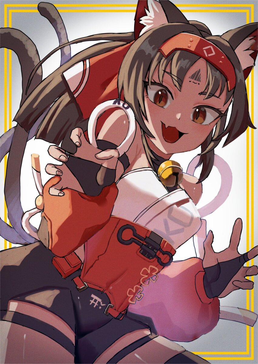 1girl, animal_ears, bell, bridal_gauntlets, brown_eyes, brown_hair, cat_ears, chinese_clothes