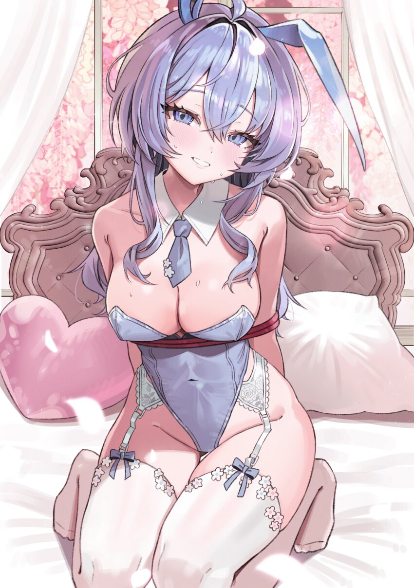 1girl, absurdres, animal_ears, armpit_crease, bdsm, blue_bow, blue_eyes, blue_hair
