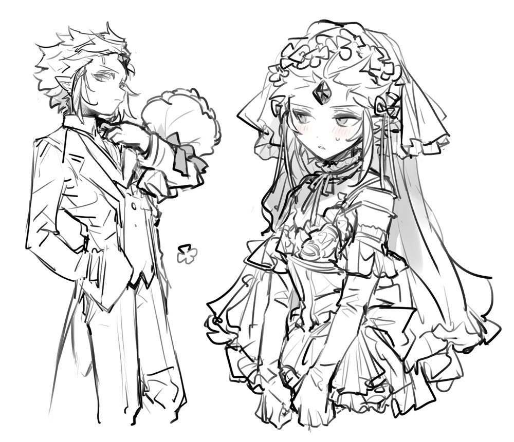 2boys, alternate_costume, androgynous, averting_eyes, bad_id, bad_twitter_id, blush, bouquet, bridal_veil, bride, choker, commentary, cookie_run, crossdressing, crossdressing_(mtf), dress, dual_persona, elbow_gloves, flower, forehead_jewel, formal_clothes, gloves, greyscale, groom, head_wreath, holding, holding_bouquet, humanization, inactive_account, k3vccitq, male_focus, monochrome, multiple_boys, painttool_sai_(medium), pectoral_cleavage, pectorals, short_hair, simple_background, sketch, sleeveless, sleeveless_dress, suit, sweatdrop, untranslatable_commentary, trap, veil, wedding_dress, white_background, wind_archer_cookie