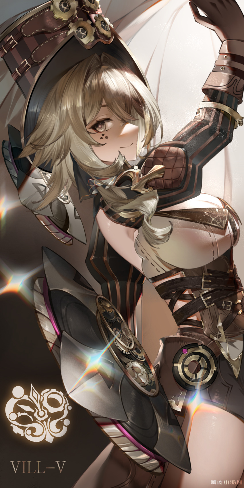 1girl, absurdres, artist_name, black_gloves, blonde_hair, breasts, brown_eyes, brown_gloves