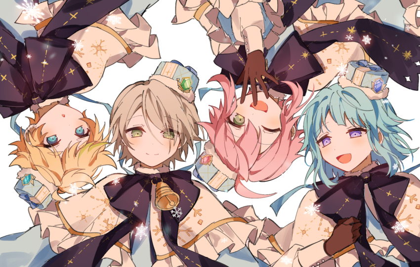 4boys, :o, ahoge, bell, black_bow, black_gloves, blonde_hair, blue_eyes