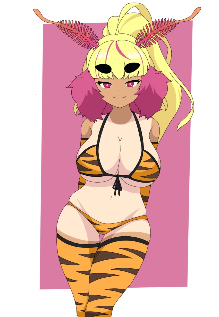 +_+, 1girl, animal_print, antennae, arms_behind_back, arthropod_girl, bare_shoulders, blonde_hair