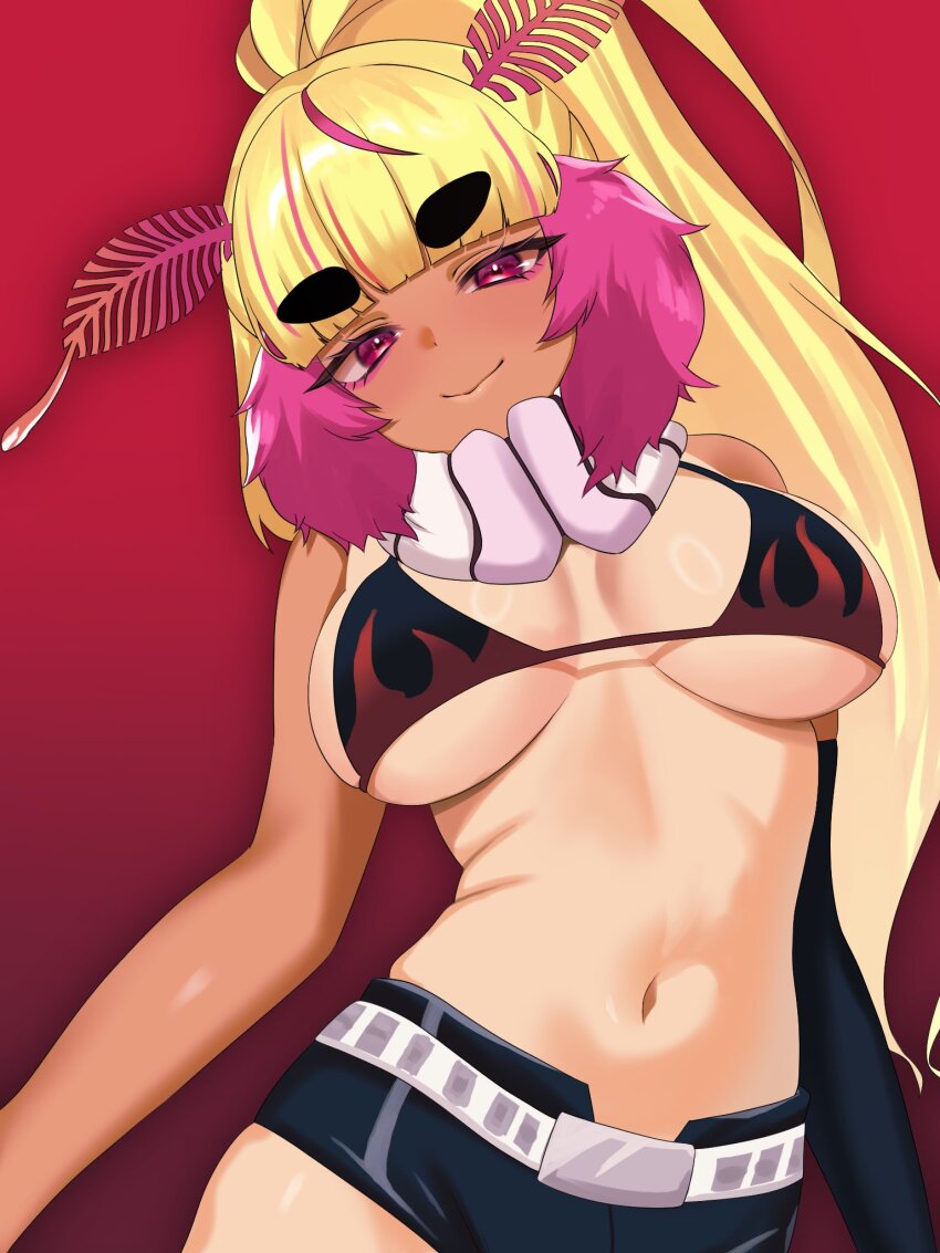 1girl, antennae, arthropod_girl, belt, bikini, bikini_top_only, black_shorts, blonde_hair