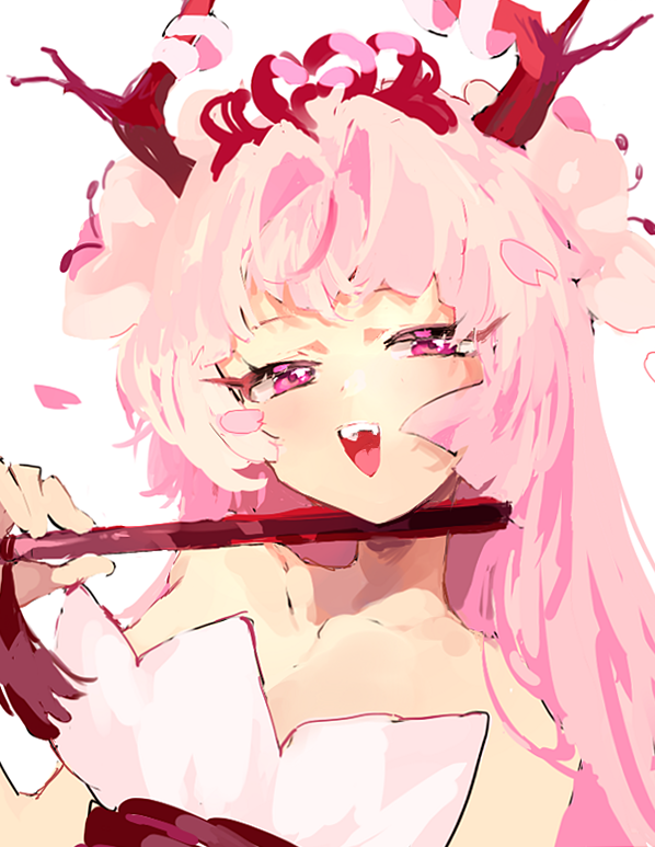 1girl, bad_id, bad_twitter_id, blush, breasts, cherry_blossom_cookie, cherry_blossom_cookie_(red_equinox), cherry_blossoms, cleavage, commentary, cookie_run, cookie_run:_ovenbreak, double_bun, dress, hair_bun, hand_fan, holding, holding_fan, humanization, inactive_account, k3vccitq, official_alternate_costume, open_mouth, painterly, painttool_sai_(medium), pink_dress, pink_eyes, pink_hair, shawl, simple_background, small_breasts, smile, smug, solo, untranslatable_commentary, tiara, upper_body, white_background