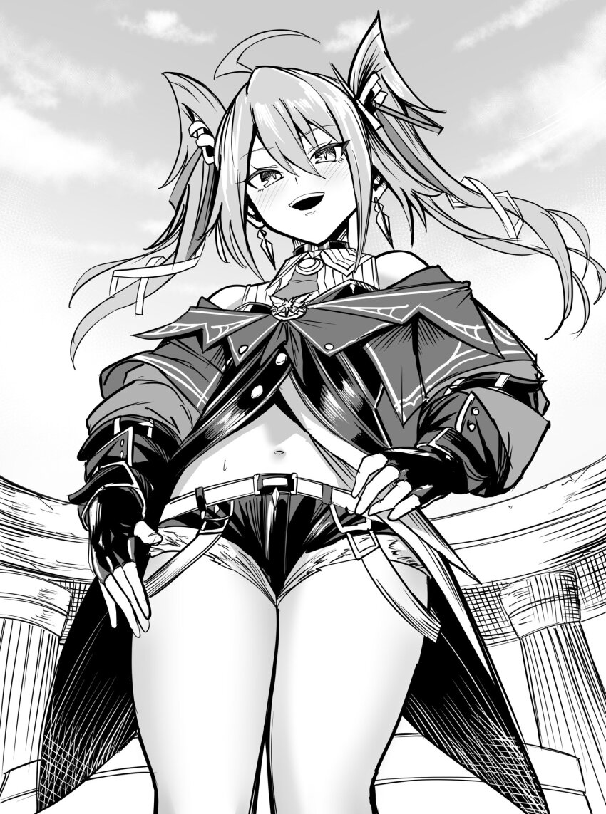 1girl, artmage_litera, bare_shoulders, cloud, cloudy_sky, commentary_request, cropped_legs, denim