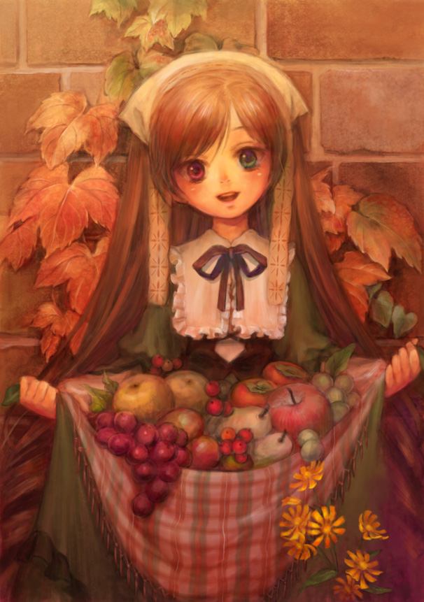 00s, 1girl, apple, bad_id, bad_pixiv_id, blush, brown_hair, female_focus