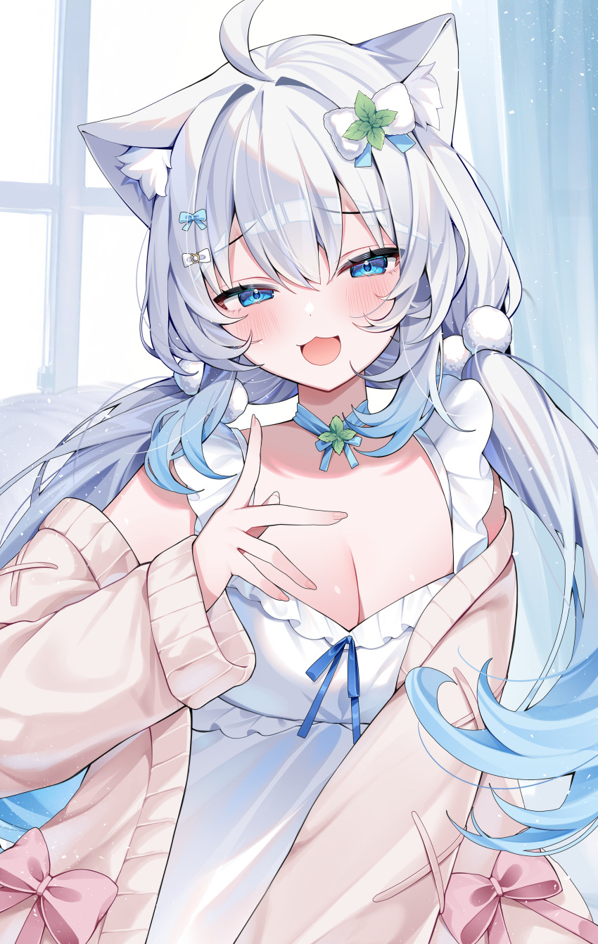 1girl, :3, absurdres, ahoge, animal_ear_fluff, animal_ears, blue_eyes, blue_hair