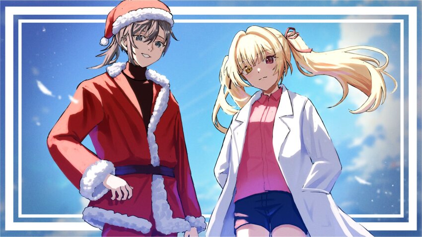 1boy, 1girl, blonde_hair, blue_shorts, closed_mouth, coat, commentary_request, fur-trimmed_coat