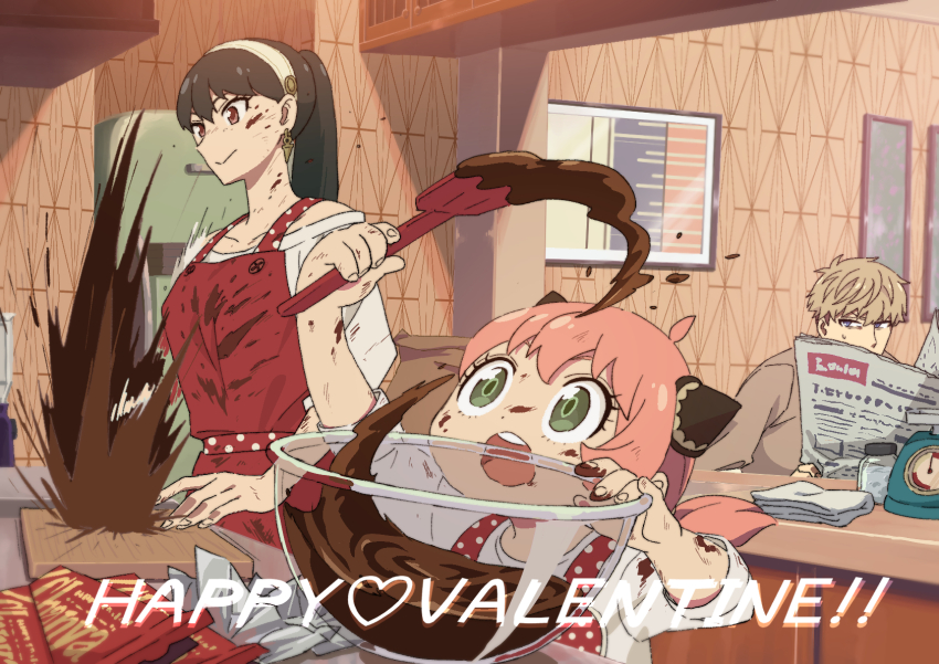 1boy, 2girls, :o, adoptive_parent_and_adoptive_child, ahoge, alternate_hairstyle, anya_(spy_x_family), apron