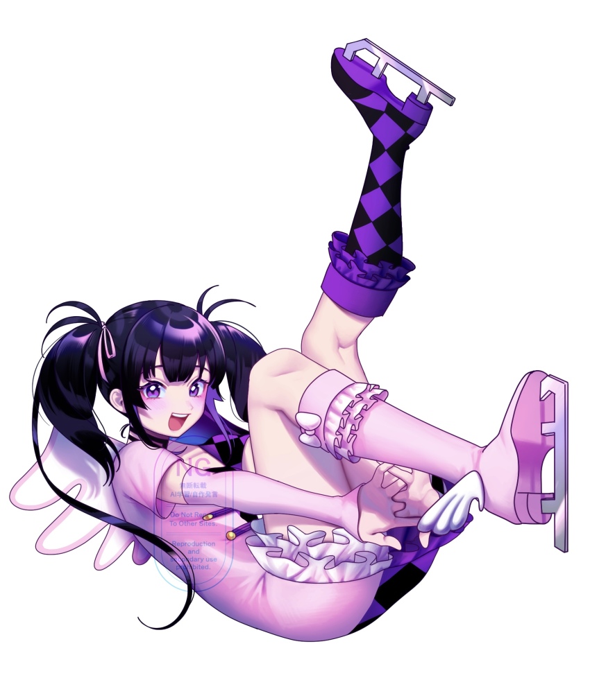 1girl, :d, argyle_clothes, argyle_dress, arm_warmers, asymmetrical_dress, asymmetrical_legwear, black_hair