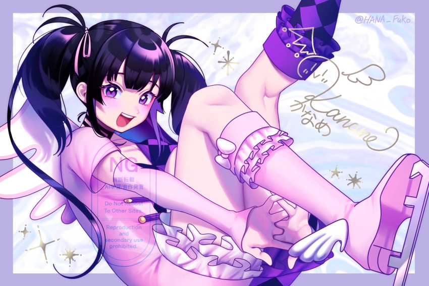 1girl, :d, argyle_clothes, argyle_dress, arm_warmers, artist_name, asymmetrical_dress, asymmetrical_legwear, black_hair, boots, character_signature, commentary_request, dress, fake_wings, foot_out_of_frame, frilled_boots, frilled_dress, frills, hair_ribbon, hands_under_legs, highres, ice_skates, idol, idol_clothes, interlocked_fingers, knee_boots, kneepits, kurisu_kaname, legs_up, long_hair, looking_at_viewer, lying, on_back, open_mouth, orenjisiro, pink_arm_warmers, pink_ribbon, pretty_rhythm, pretty_rhythm_aurora_dream, pretty_series, purple_dress, purple_eyes, ribbon, sidelocks, skates, smile, solo, sparkle, twintails, watermark, winged_boots, wings