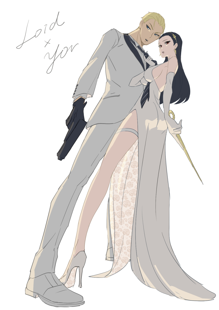 1boy, 1girl, arm_at_side, black_gloves, black_hair, black_necktie, black_shirt, blonde_hair