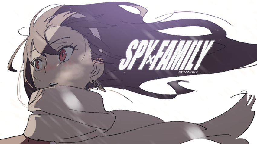 1girl, black_hair, copyright_name, earrings, f11417073, floating_hair, floating_scarf, gold_earrings