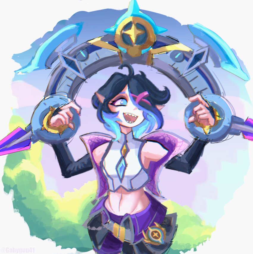 1girl, battle_academia_(league_of_legends), battle_academia_briar, blood_golem, briar_(league_of_legends), gabyguu, hair_over_one_eye, league_of_legends, sharp_teeth, teeth