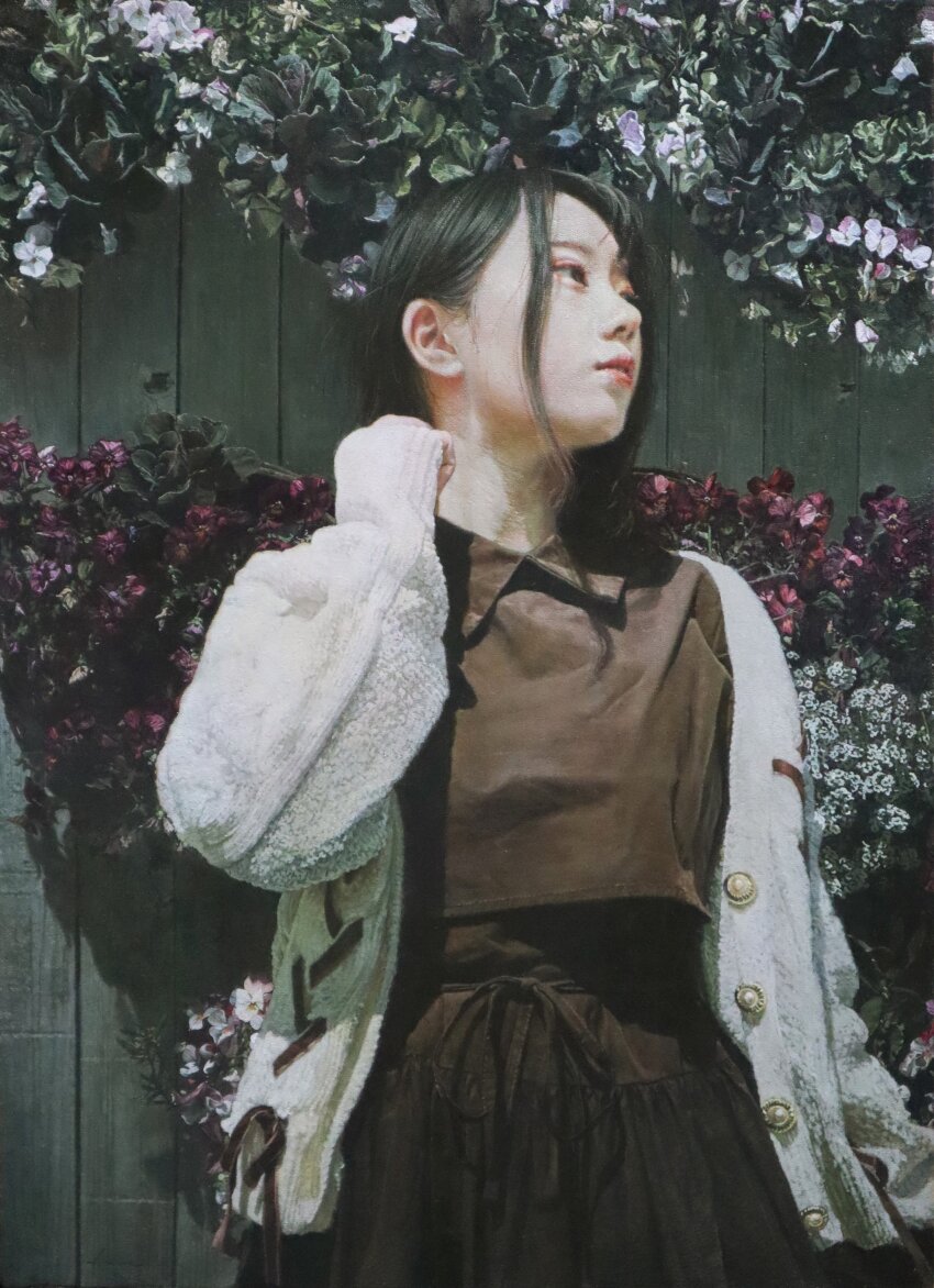 1girl, absurdres, black_hair, commentary_request, east_asian, flower, highres, looking_to_the_side