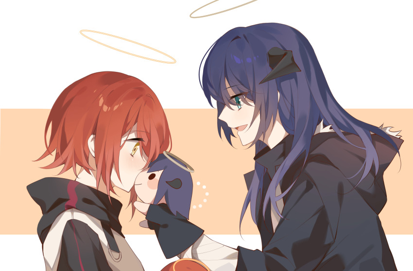 2girls, absurdres, arknights, ayster, black_jacket, blue_hair, character_doll, chinese_commentary