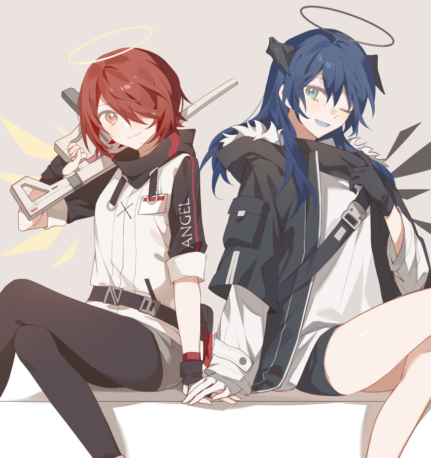 2girls, absurdres, arknights, ayster, belt, black_gloves, black_halo, black_jacket