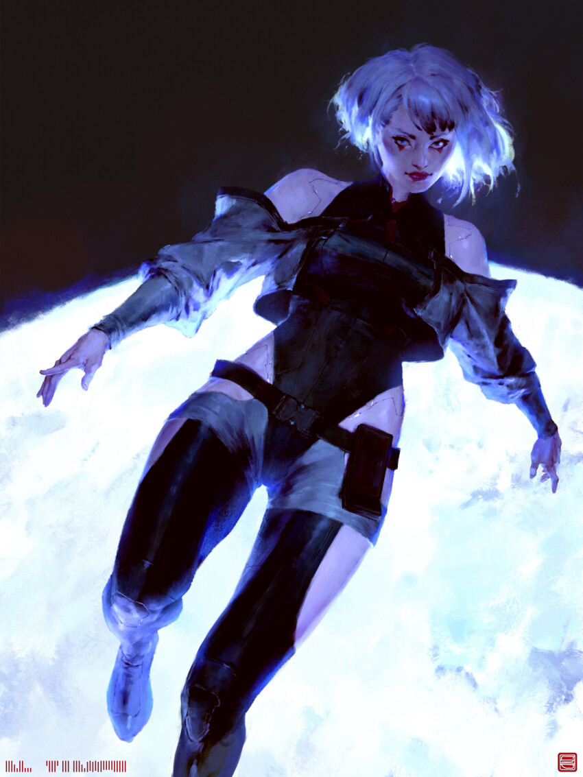 1girl, absurdres, belt, clothing_cutout, cyberpunk:_edgerunners, cyberpunk_(series), full_body, highleg