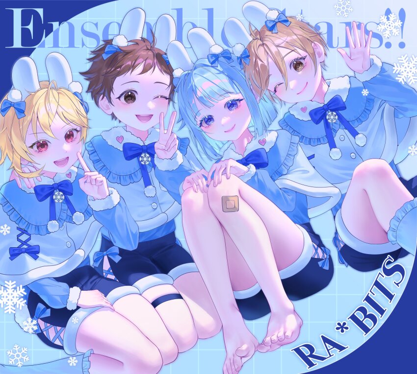 4boys, animal_ears, arm_around_shoulder, asymmetrical_hair, bandaid, bandaid_on_leg, barefoot, blonde_hair