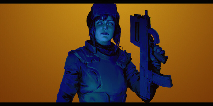 1girl, absurdres, aiming_up, blue_eyes, bulletproof_vest, bullpup, ghost_in_the_shell, gloves