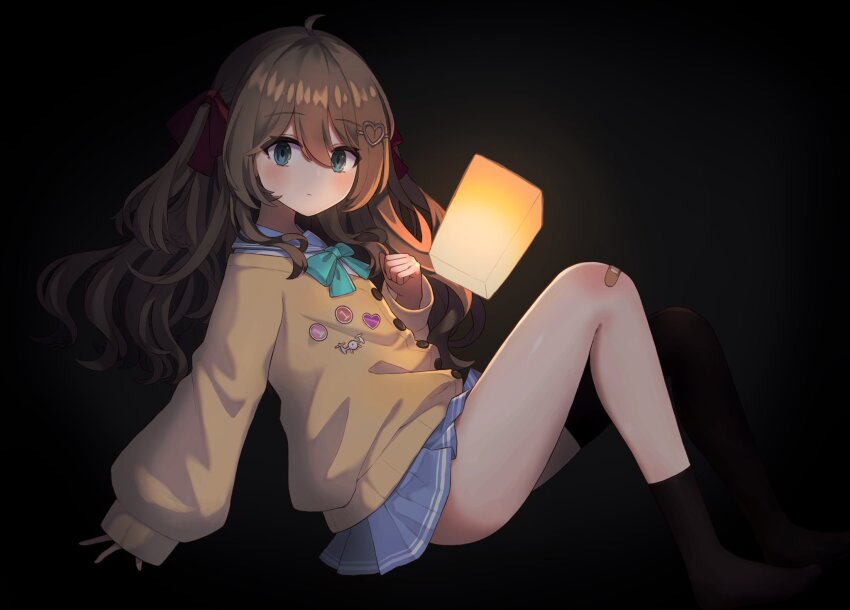 1girl, ahoge, akatanotaki, aqua_bow, aqua_bowtie, asymmetrical_legwear, bandaid, bandaid_on_knee