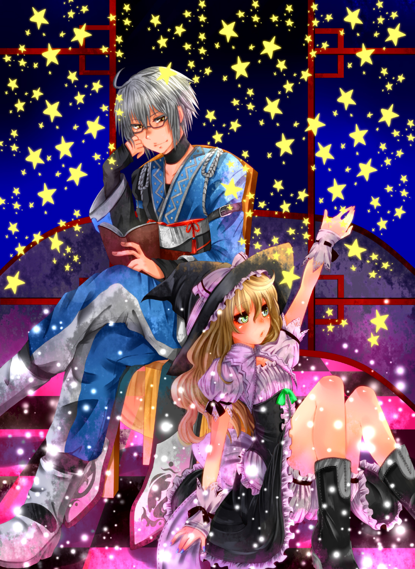 1boy, 1girl, ahoge, alice_(afternoon_gleam), arm_up, blonde_hair, bloomers, book