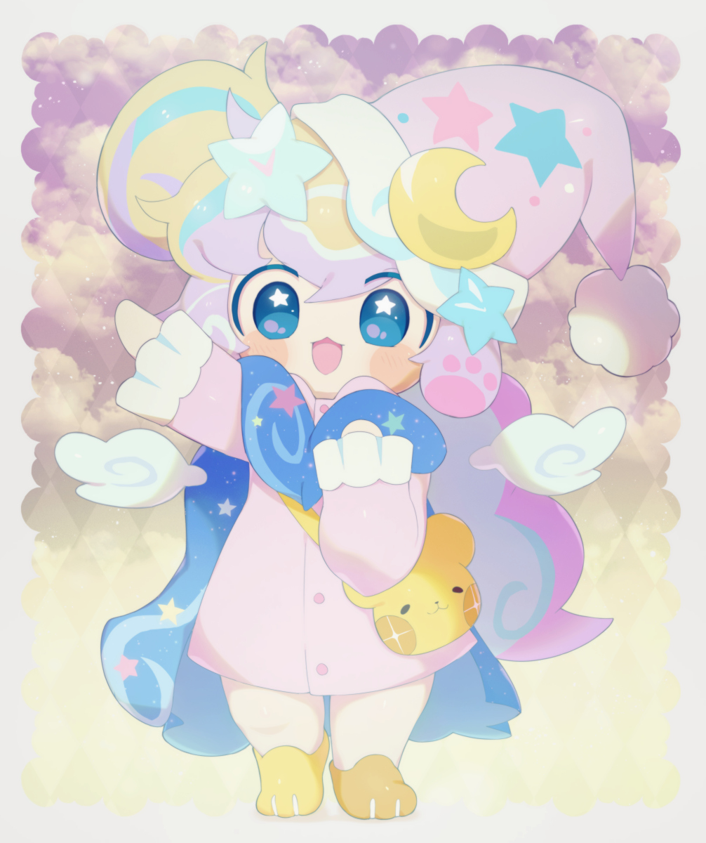 1other, :3, androgynous, animal_bag, animal_ears, arm_up, bag, bear_ears, blonde_hair, blue_cape, blue_hair, blush_stickers, border, cape, chibi, chibi_only, commentary_request, cookie_run, cookie_run:_ovenbreak, crescent, crossbody_bag, dreamjelly_cookie, dreamjelly_cookie_(invitation_to_dreamland), giant_yellow_bear_jelly, hat, highres, multicolored_hair, open_mouth, other_focus, pajamas, pastel_colors, pink_hair, pink_hat, pink_pajamas, purple_hair, rorizu, short_hair, smile, star_(symbol), yellow_bag, yume_kawaii
