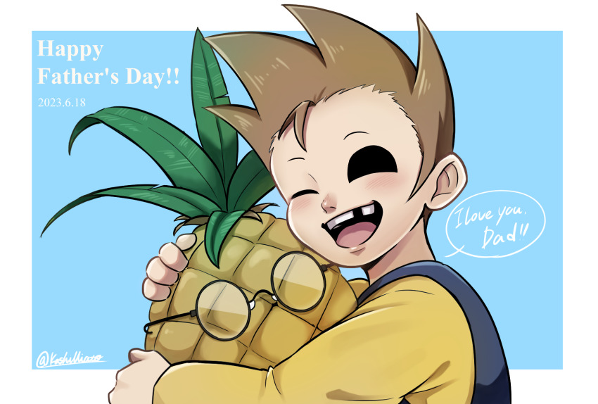 1boy, :d, aged_down, animification, blue_background, blue_overalls, blush, border