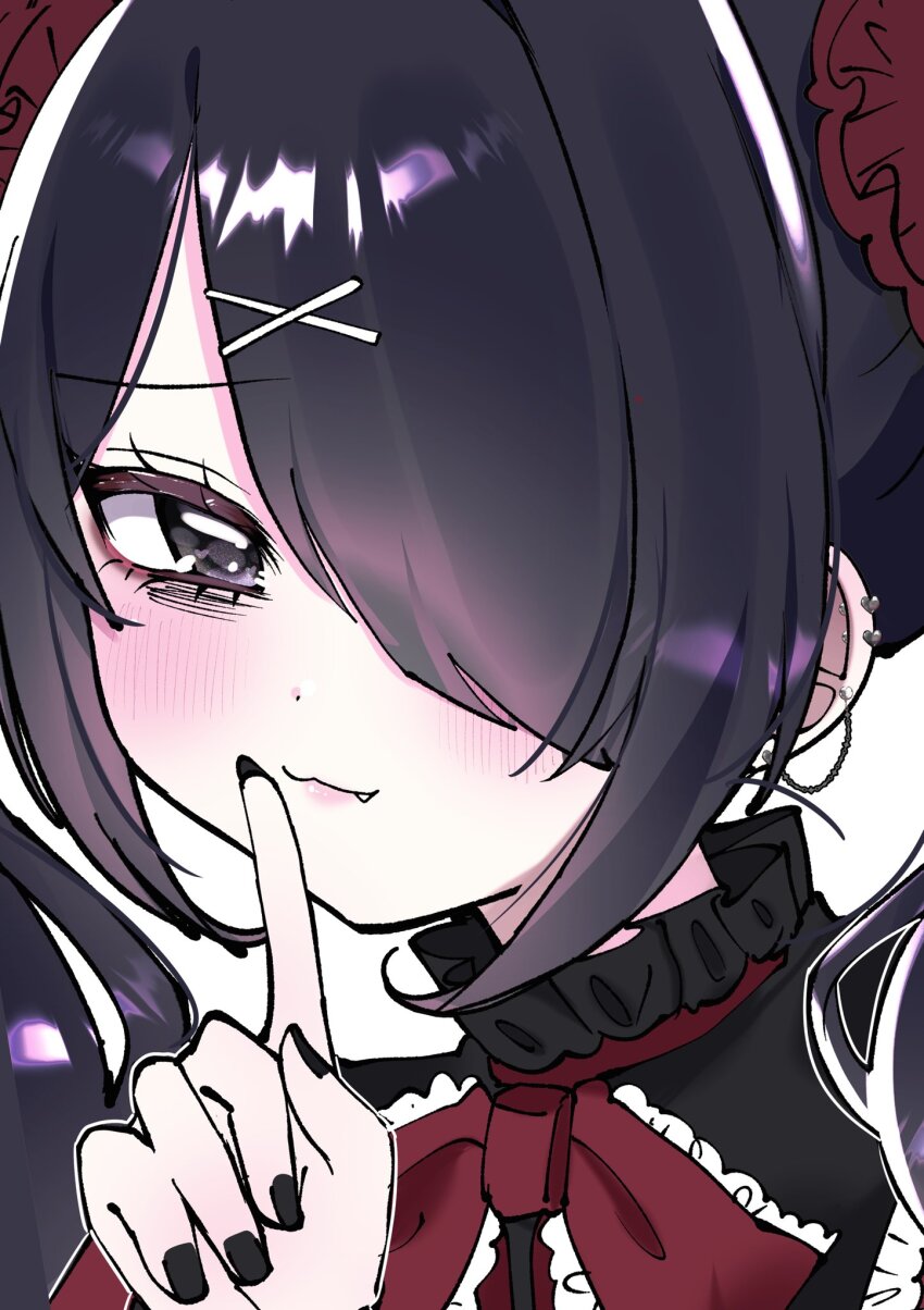 1girl, :3, ame-chan_(needy_girl_overdose), babumi_roriko, black_eyes, black_hair, closed_mouth, fang