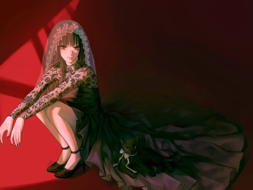1girl, absurdres, animal, black_cat, black_dress, black_eyes, black_hair, black_nails, black_shoes, cat, commentary, dress, eyelashes, fingernails, griffithjo52136, high_heels, highres, lace, lace-trimmed_veil, lace_sleeves, lace_trim, long_dress, long_hair, long_sleeves, looking_at_viewer, osaragi_(sakamoto_days), red_background, ribbon, sakamoto_days, see-through_clothes, see-through_sleeves, see-through_veil, shoes, signature, solo, squatting, strappy_heels, veil, white_ribbon, white_veil, window_shadow