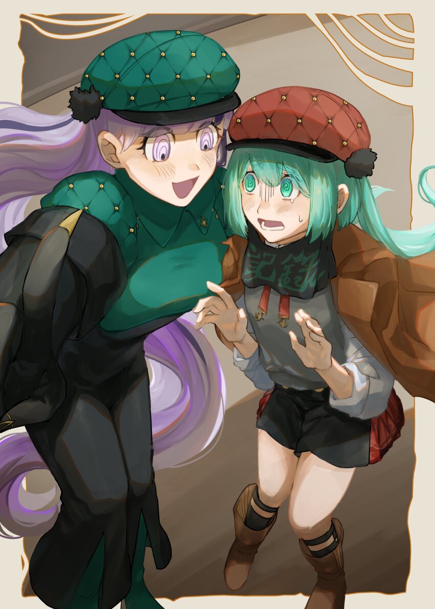 2girls, absurdres, blush, boots, breasts, gloves, green_eyes, green_hair