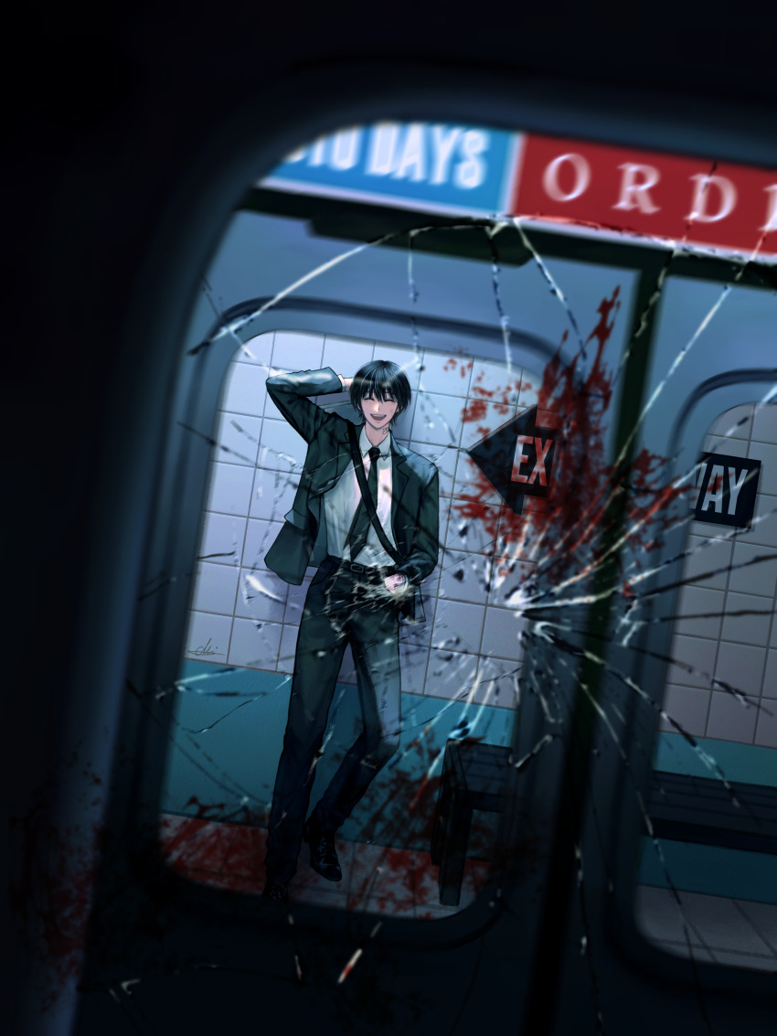 1boy, absurdres, arm_behind_head, belt, belt_buckle, bench, black_hair, black_necktie, black_pants, black_shoes, black_suit, blood, broken_glass, buckle, closed_eyes, collared_shirt, commentary, dress_shirt, exit_sign, formal_clothes, from_inside, full_body, glass, griffithjo52136, hand_in_pocket, hand_up, highres, jacket, lapels, male_focus, nagumo_(sakamoto_days), necktie, notched_lapels, open_clothes, open_jacket, open_mouth, pants, sakamoto_days, shirt, shoes, short_hair, signature, smile, solo, standing, subway_station, suit, suit_jacket, tile_wall, tiles, white_shirt, window
