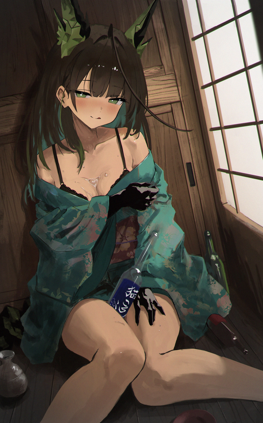 1girl, absurdres, arknights, bare_shoulders, black_bra, black_hair, black_skin, blush