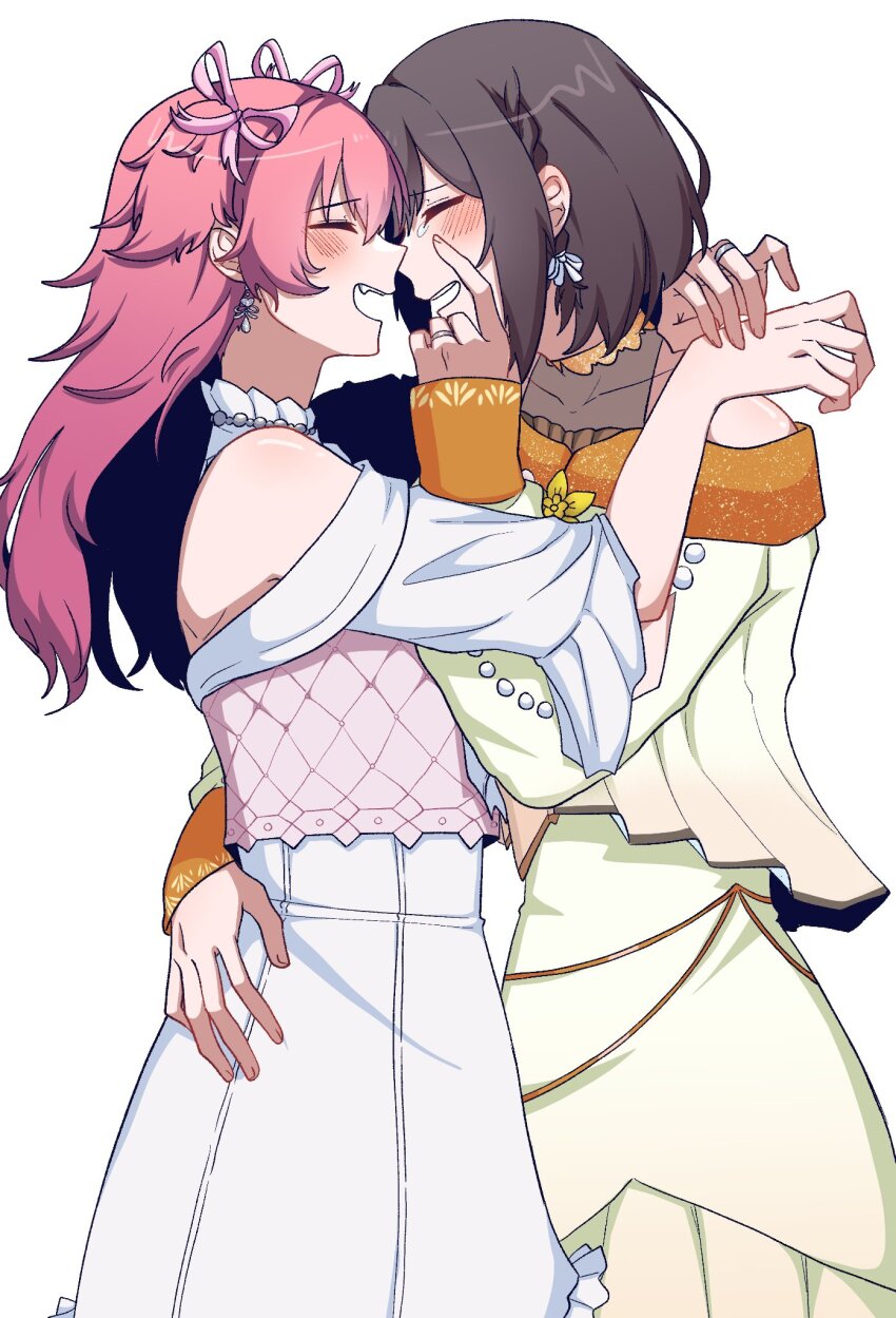 2girls, akasukiane04, braid, brown_hair, cheer_with_my_heart!_(project_sekai), choker, closed_eyes, collarbone, commentary, commission, dress, earrings, english_commentary, face-to-face, facing_another, fang, from_side, green_dress, hair_between_eyes, hair_ribbon, hand_on_another's_back, hand_up, hands_on_another's_shoulders, hands_up, happy, happy_tears, highres, hug, jewelry, koukyou_suru_machi_no_katasumi_de_(project_sekai), leotard, long_hair, long_sleeves, momoi_airi, multiple_girls, off-shoulder_dress, off_shoulder, official_alternate_costume, open_mouth, orange_choker, pink_hair, pink_ribbon, profile, project_sekai, ribbon, ring, second-party_source, see-through_clothes, see-through_leotard, shinonome_ena, short_hair, side_braid, sidelocks, silver_ring, simple_background, smile, tearing_up, tears, teeth, three-quarter_sleeves, two_side_up, upper_teeth_only, wedding_ring, white_background, white_dress, yuri