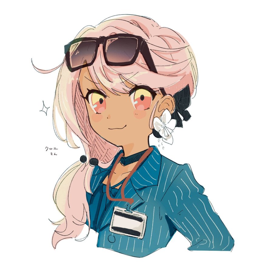 1girl, blush, chloe_von_einzbern, chloe_von_einzbern_(swimsuit_avenger)_(first_ascension), choker, collarbone, dark-skinned_female, dark_skin, eyewear_on_head, fate/grand_order, fate_(series), flower, grin, hair_flower, hair_ornament, highres, id_card, jacket, kanoko_iii, lanyard, long_hair, looking_at_viewer, orange_eyes, pink_hair, servant_summer_festival!_2023, side_ponytail, smile, sunglasses