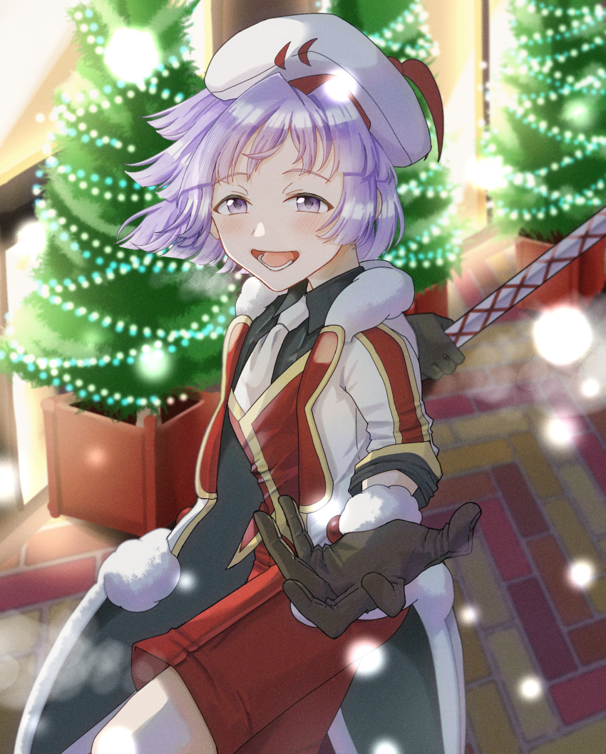 1boy, :d, beret, black_shirt, blurry, blush, brown_gloves, bugsy_(holiday_2024)_(pokemon)