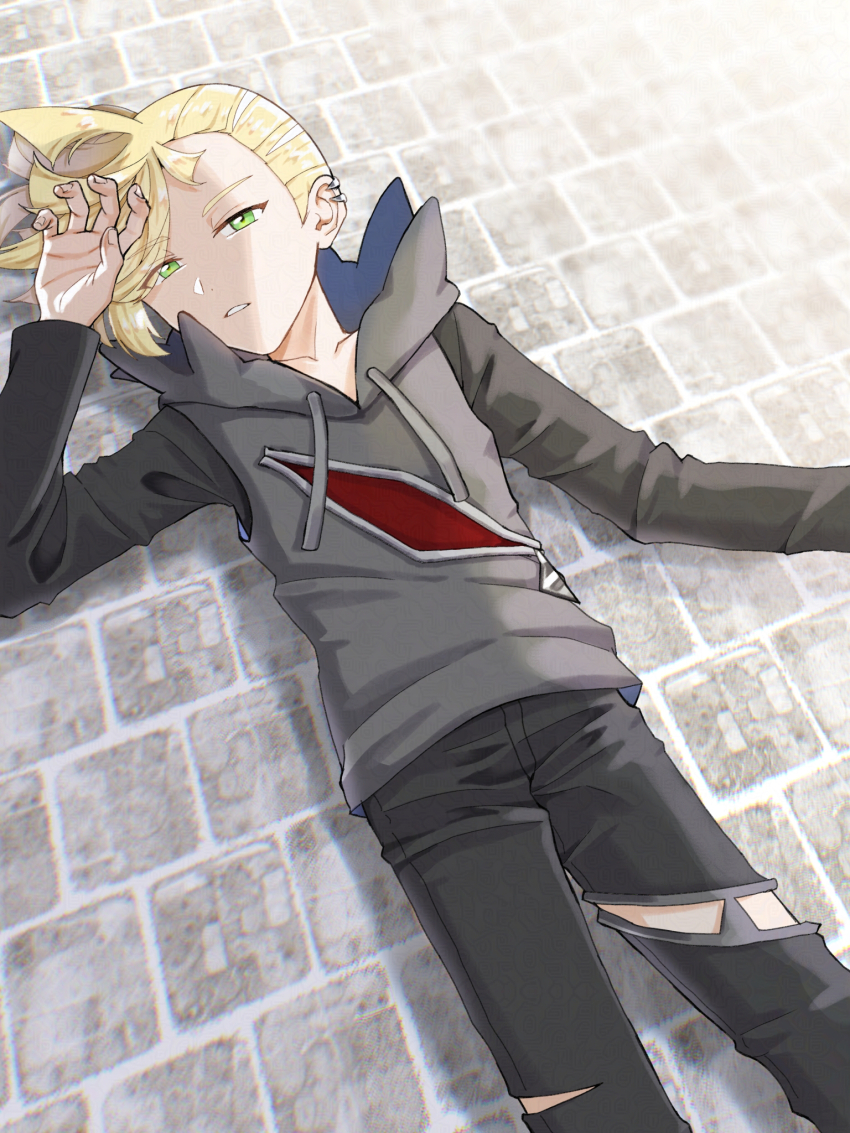 1boy, black_pants, black_shirt, blonde_hair, collarbone, commentary_request, ear_piercing, gladion_(pokemon)
