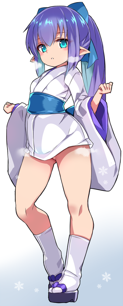 1girl, blue_background, blue_bow, blue_eyes, blue_hair, bow, breasts, clenched_hands, colored_inner_hair, full_body, gluteal_fold, gradient_background, hair_bow, hisame_(shinrabanshou), japanese_clothes, karukan_(monjya), kimono, loli, long_hair, long_sleeves, looking_at_viewer, multicolored_hair, obi, parted_lips, pointy_ears, ponytail, purple_hair, sandals, sash, shinrabanshou, short_kimono, small_breasts, solo, standing, tabi, two-tone_background, two-tone_hair, white_background, white_kimono, wide_sleeves, zouri