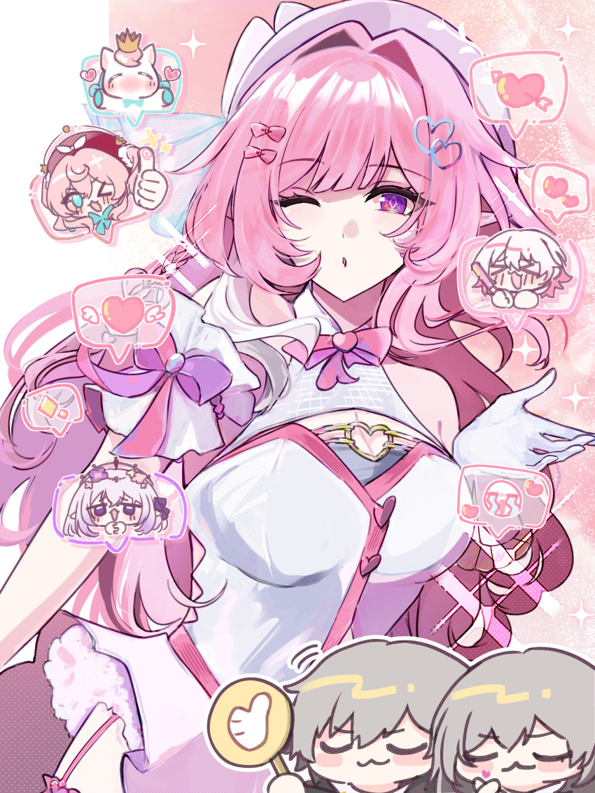 >_<, 1boy, 3vvv3, 5girls, ;o, absurdres, alternate_costume, arrow_through_heart, beret, breasts, caelus_(honkai:_star_rail), castorice_(honkai:_star_rail), commentary, crying_emoji, cyrene_(demiurge)_(honkai:_star_rail), cyrene_(honkai:_star_rail), diamond-shaped_pupils, diamond_(shape), dress, dual_persona, emoji, glowstick, grey_hair, hat, heart, highres, holding, holding_glowstick, honkai:_star_rail, honkai_(series), hyacine_(honkai:_star_rail), large_breasts, little_ica_(honkai:_star_rail), march_7th_(honkai:_star_rail), multiple_girls, one_eye_closed, pegasus, pink_hair, pointy_ears, purple_eyes, spoken_heart, stelle_(honkai:_star_rail), untranslatable_commentary, symbol-shaped_pupils, thumbs_up, trailblazer_(honkai:_star_rail), white_dress