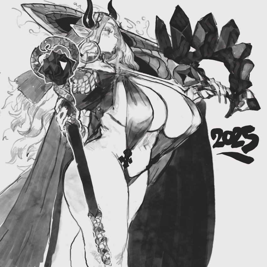 1girl, 2025, asymmetrical_dual_wielding, breasts, cape, chinese_zodiac, cleavage, demon_horns