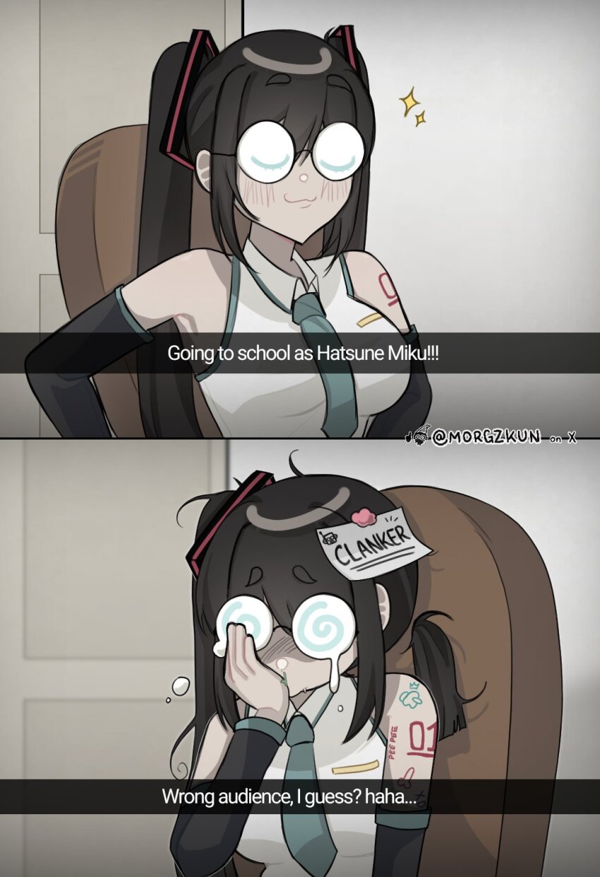 1girl, :3, among_us, arm_tattoo, black_hair, blue_necktie, breasts, bullying