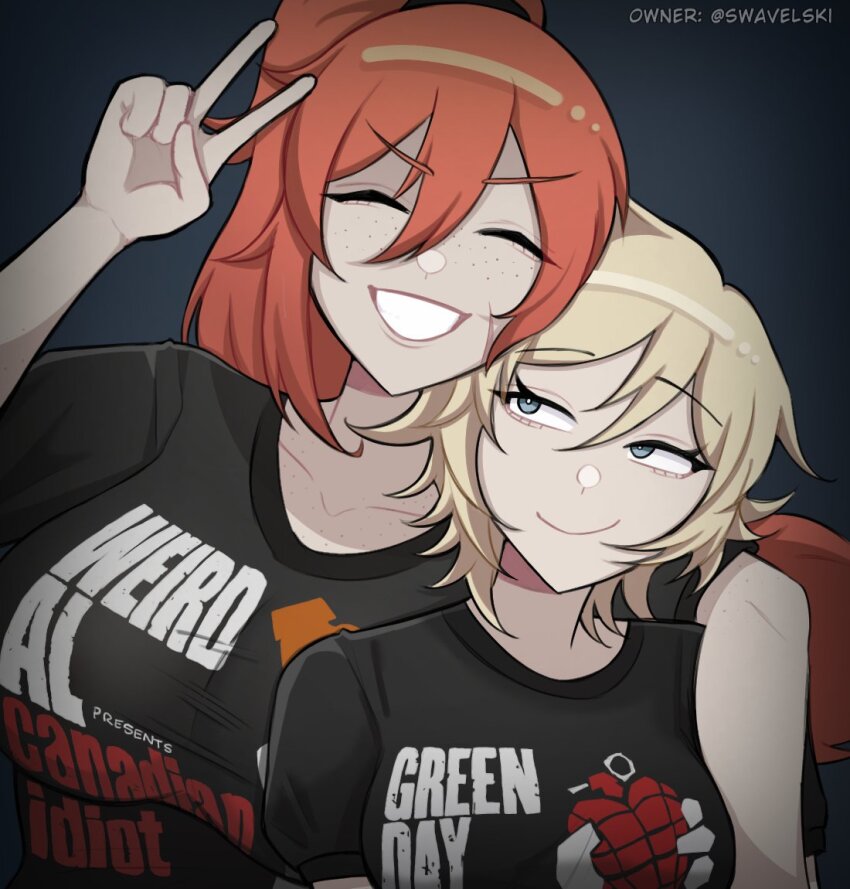 2girls, american_idiot, arm_around_shoulder, arm_up, black_background, black_shirt, blonde_hair, blue_eyes