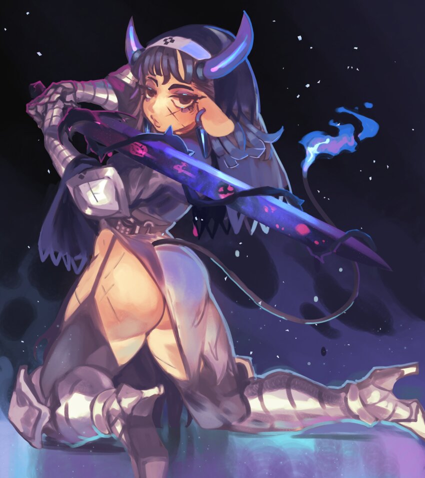 1girl, absurdres, animal_ears, armored_boots, ass, black_dress, black_hair, black_thighhighs, black_veil, boots, cow_ears, cow_girl, cow_horns, cow_tail, cross_scar, dress, earrings, eyeshadow, facial_scar, fire, from_behind, full_body, garter_straps, gauntlets, gold_gold_adventure_gold, half-closed_eyes, heretic_mooladin, high_heel_boots, high_heels, highres, holding, holding_sword, holding_weapon, horns, jewelry, keziedra, kneeling, long_hair, looking_at_viewer, looking_back, makeup, nun, nun_headdress, official_artist_extra, pointy_earrings, purple_eyeshadow, purple_fire, purple_horns, scar, scar_on_cheek, scar_on_face, side_slit, solo, sword, tail, thighhighs, thorns, two-handed, veil, weapon
