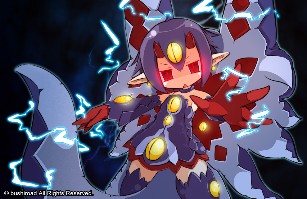 1girl, bad_id, bad_pixiv_id, boots, choker, desco_(disgaea), disgaea, female_focus, gloves, glowing, glowing_eyes, horns, lightning, makai_senki_disgaea_4, monster_girl, nokiri, outstretched_hand, pointy_ears, purple_boots, purple_hair, purple_thighhighs, red_eyes, short_hair, skirt, solo, tail, thighhighs