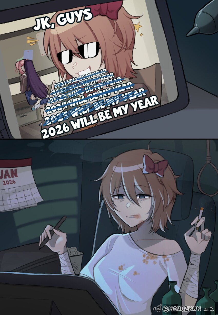 1girl, bandaged_arm, bandages, blue_eyes, bottle, bow, breasts, brown_hair