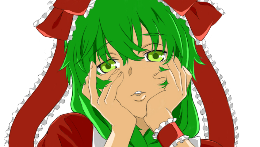 1girl, derivative_work, female_focus, frills, front_ponytail, gasai_yuno, green_eyes, green_hair, hair_between_eyes, hair_ornament, hair_ribbon, hands_on_own_cheeks, hands_on_own_face, kagiyama_hina, long_hair, matching_hair/eyes, mirai_nikki, open_mouth, parody, portrait, ribbon, simple_background, solo, theo1227, touhou, white_background, wrist_cuffs, yandere, yandere_trance