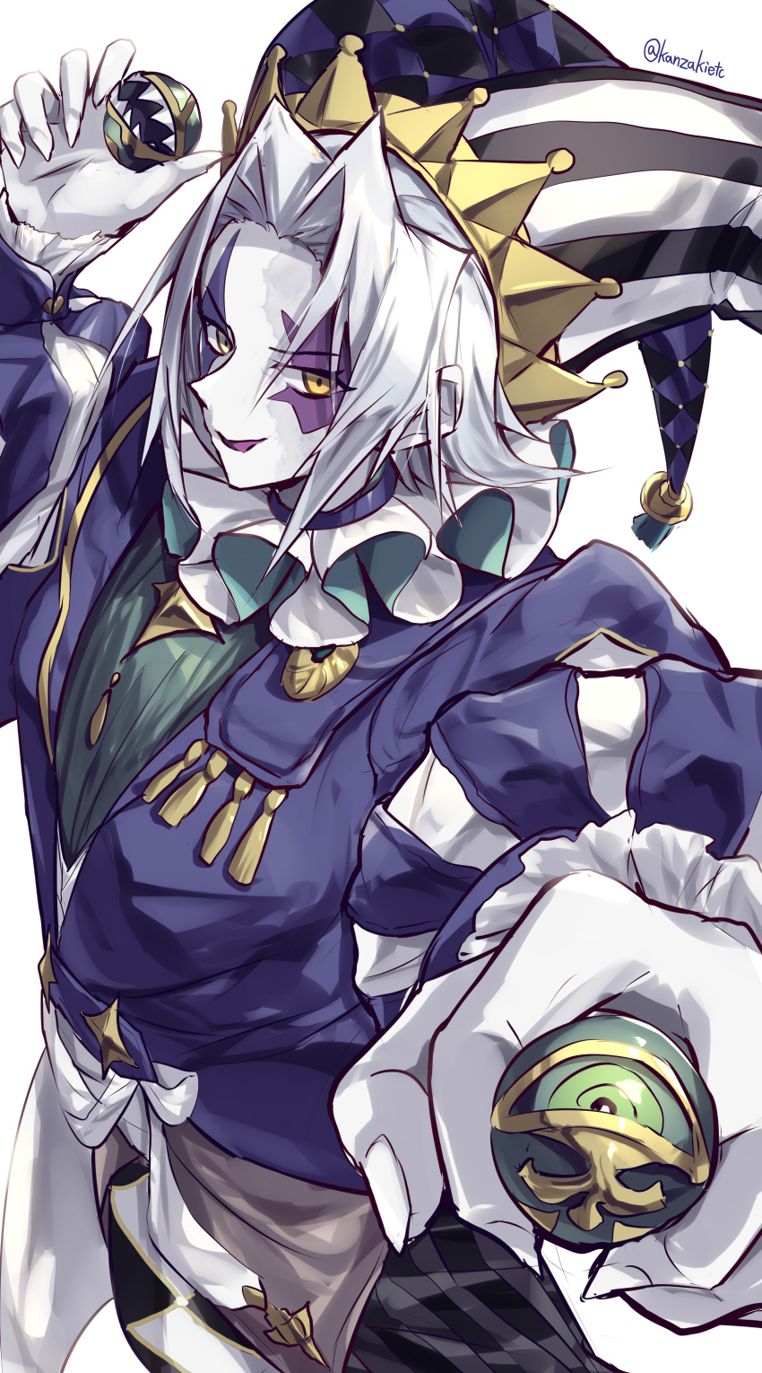 1boy, absurdres, blue_jacket, clown_crew_biancaviso, colored_skin, commentary_request, duel_monster, facial_mark