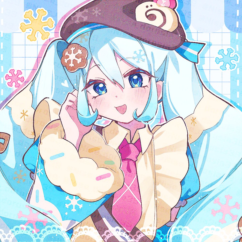 1girl, apron, aqua_eyes, aqua_hair, beret, blush, brown_hat, commentary_request