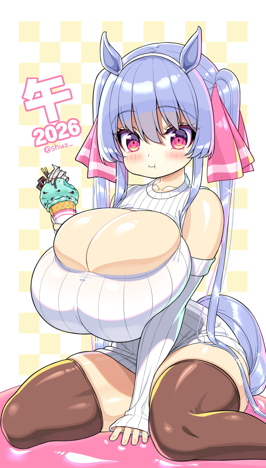 1girl, 2026, animal_ears, bare_shoulders, blue_hair, blush, breasts, brown_thighhighs